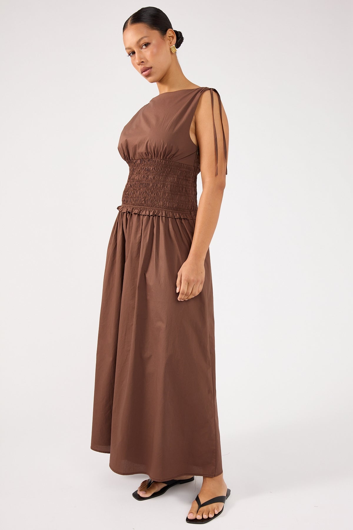 Perfect Stranger Bello Shirred Boat Neck Maxi Dress Brown