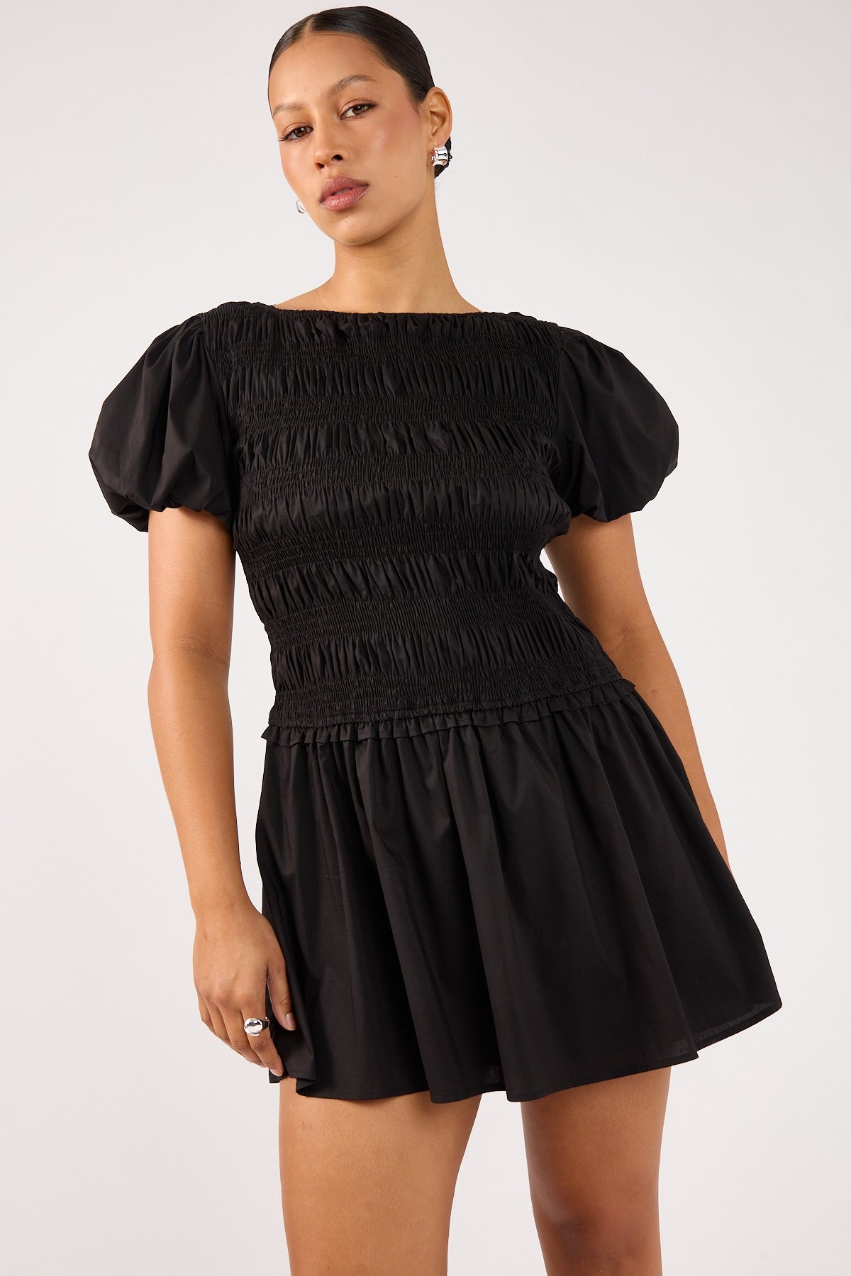 Perfect Stranger Rhea Shirred Short Sleeve Mini Dress Black