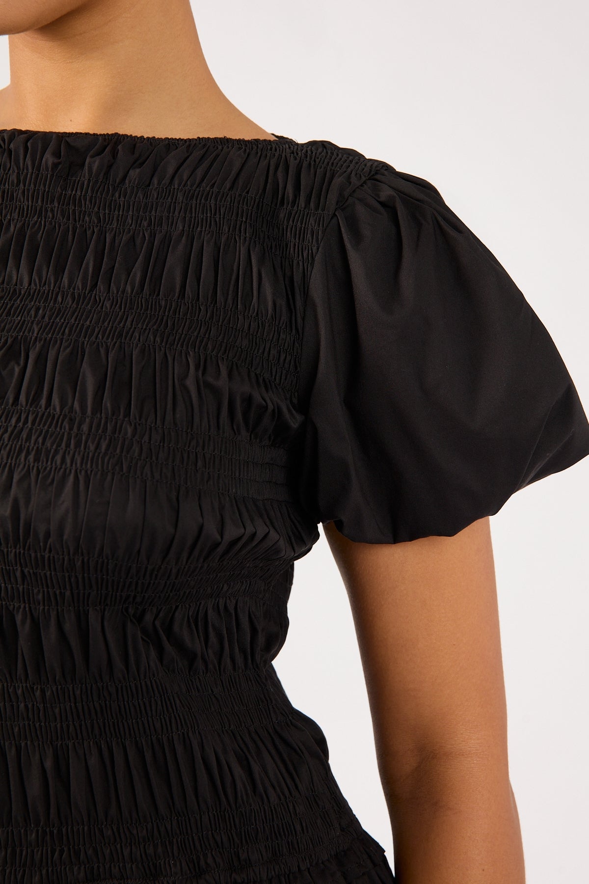 Perfect Stranger Rhea Shirred Short Sleeve Mini Dress Black