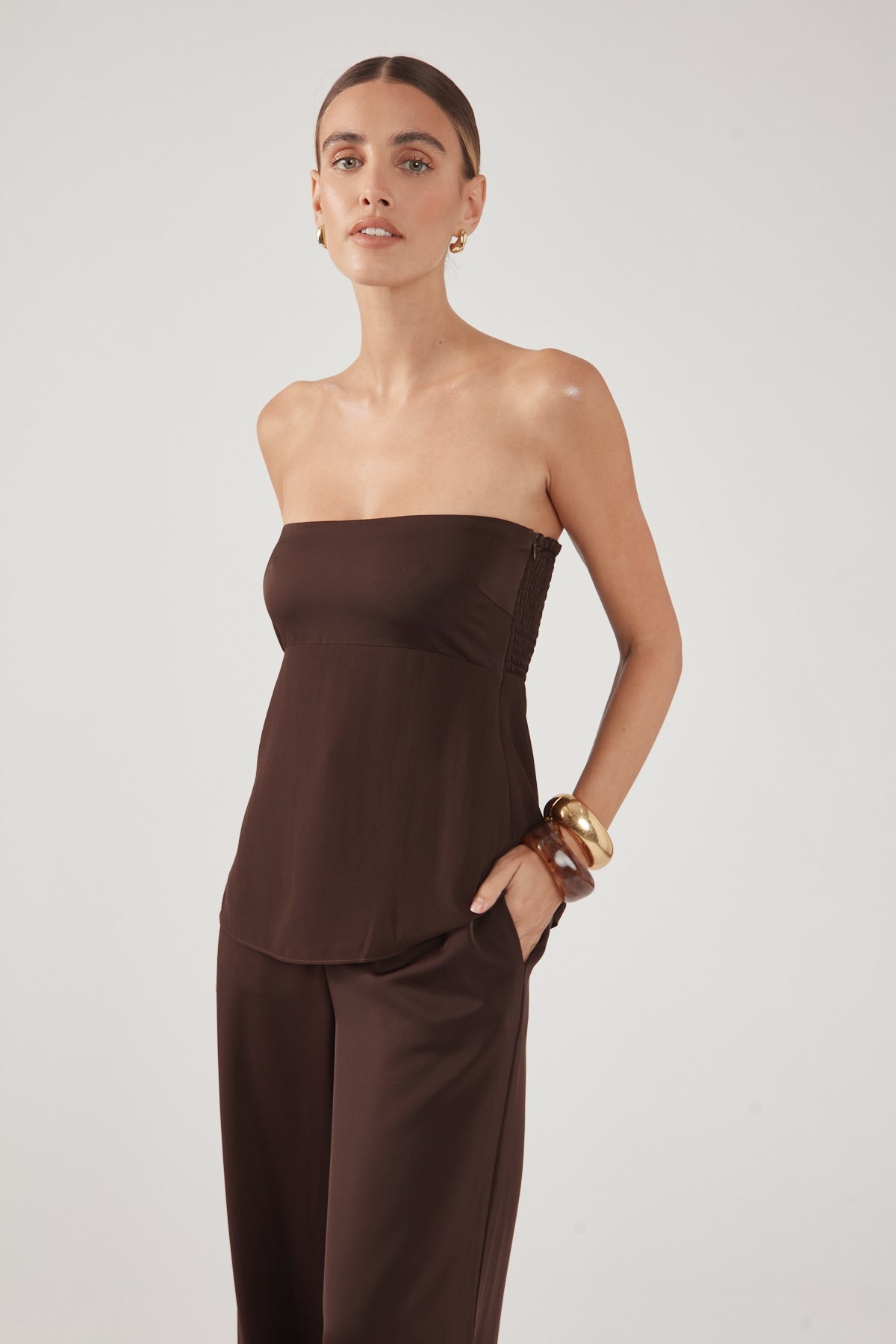 Perfect Stranger Ellie Strapless Satin Top Brown