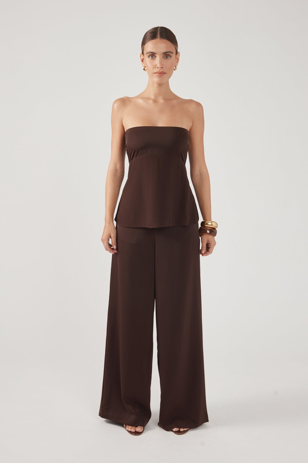 Perfect Stranger Ellie Satin Mid Rise Tailored Pants Brown