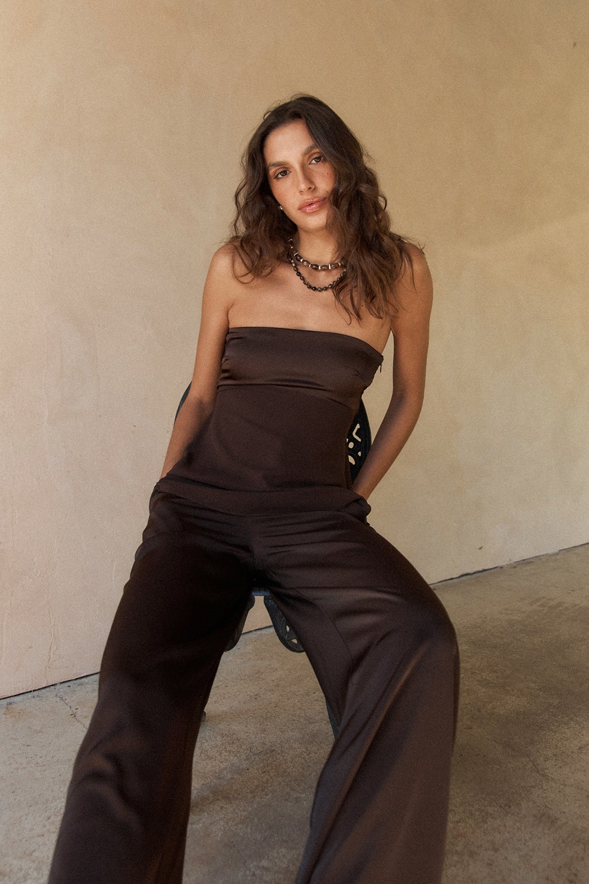 Perfect Stranger Ellie Satin Mid Rise Tailored Pants Brown