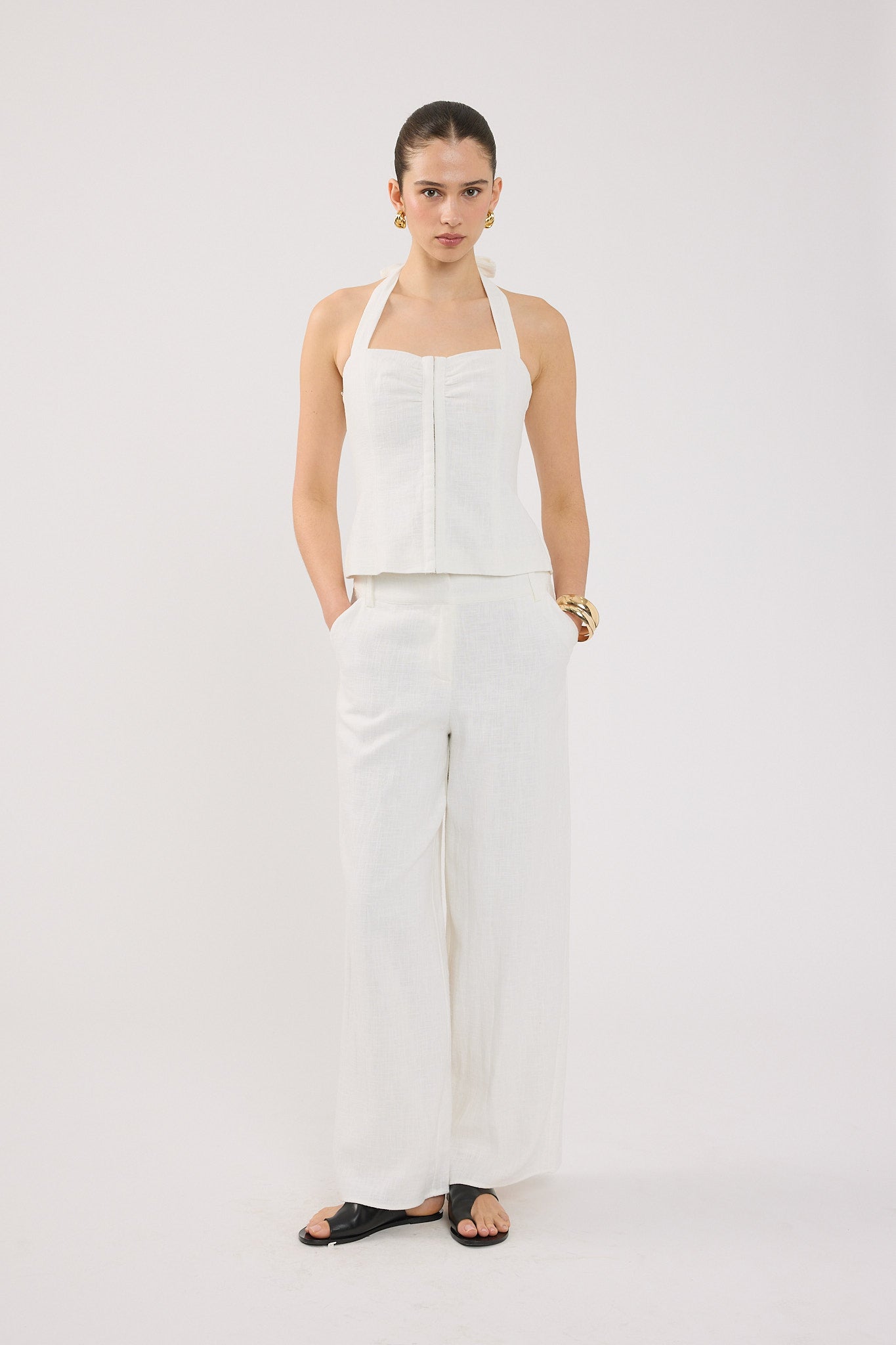 Perfect Stranger Menorca Linen Gathered  Halter Top White