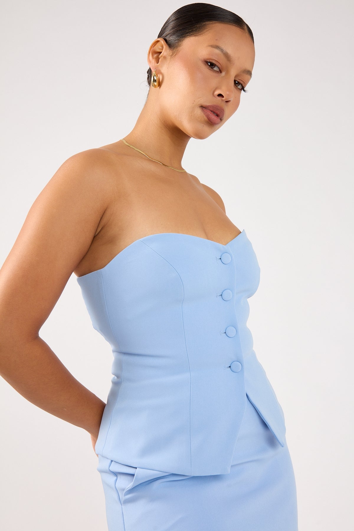 Perfect Stranger Luna Strapless Button Through Top Blue
