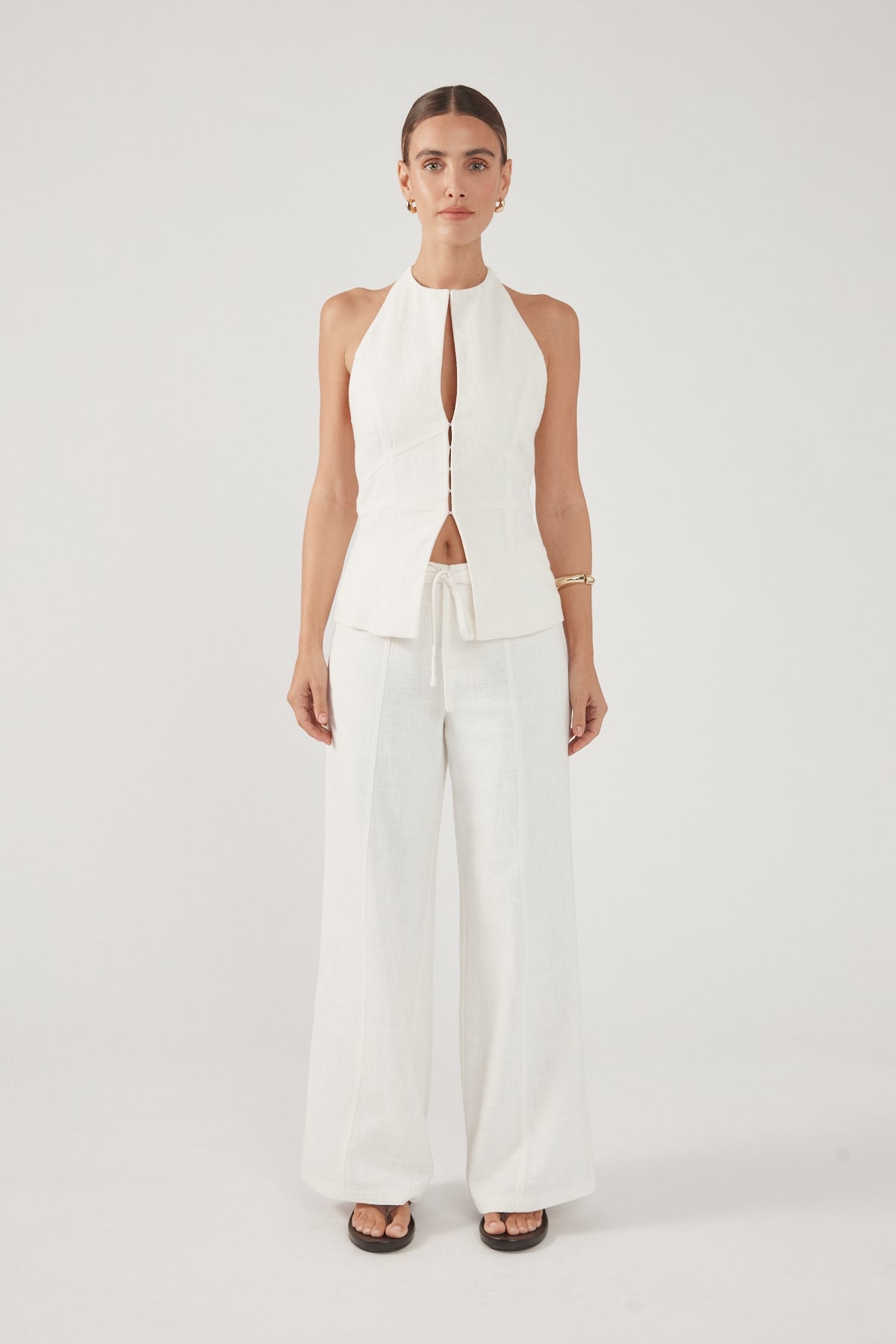 Perfect Stranger Maui Tie Front Low Rise Linen Pant White