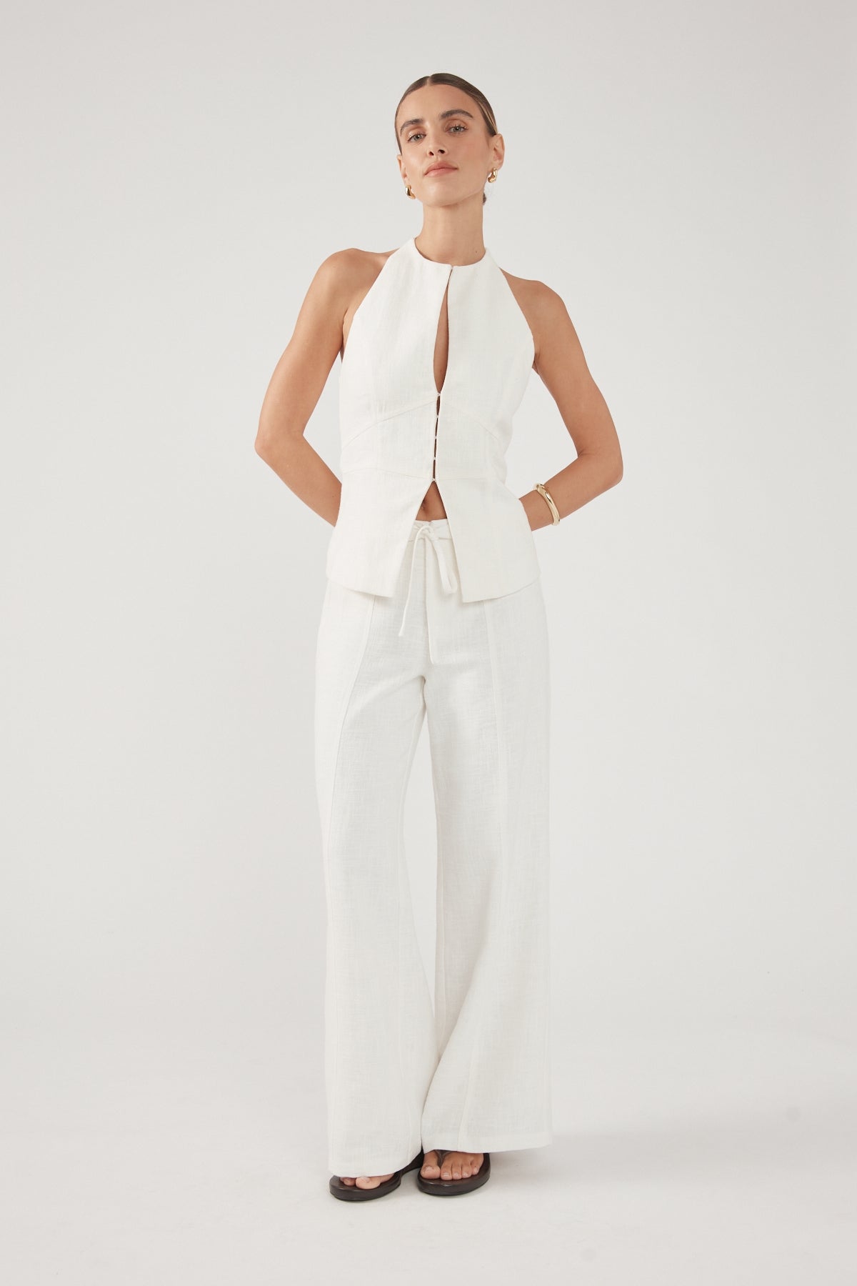 Perfect Stranger Maui Tie Front Low Rise Linen Pant White