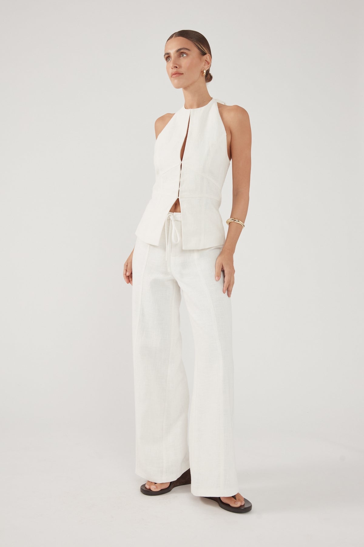 Perfect Stranger Maui Tie Front Low Rise Linen Pant White