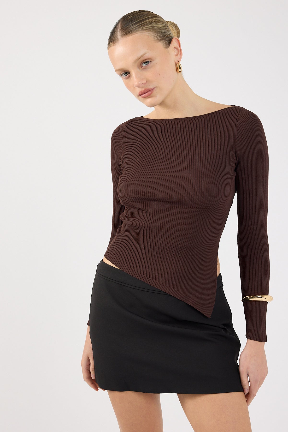 Perfect Stranger Long Sleeve Asymmetrical Rib Knit Top Brown
