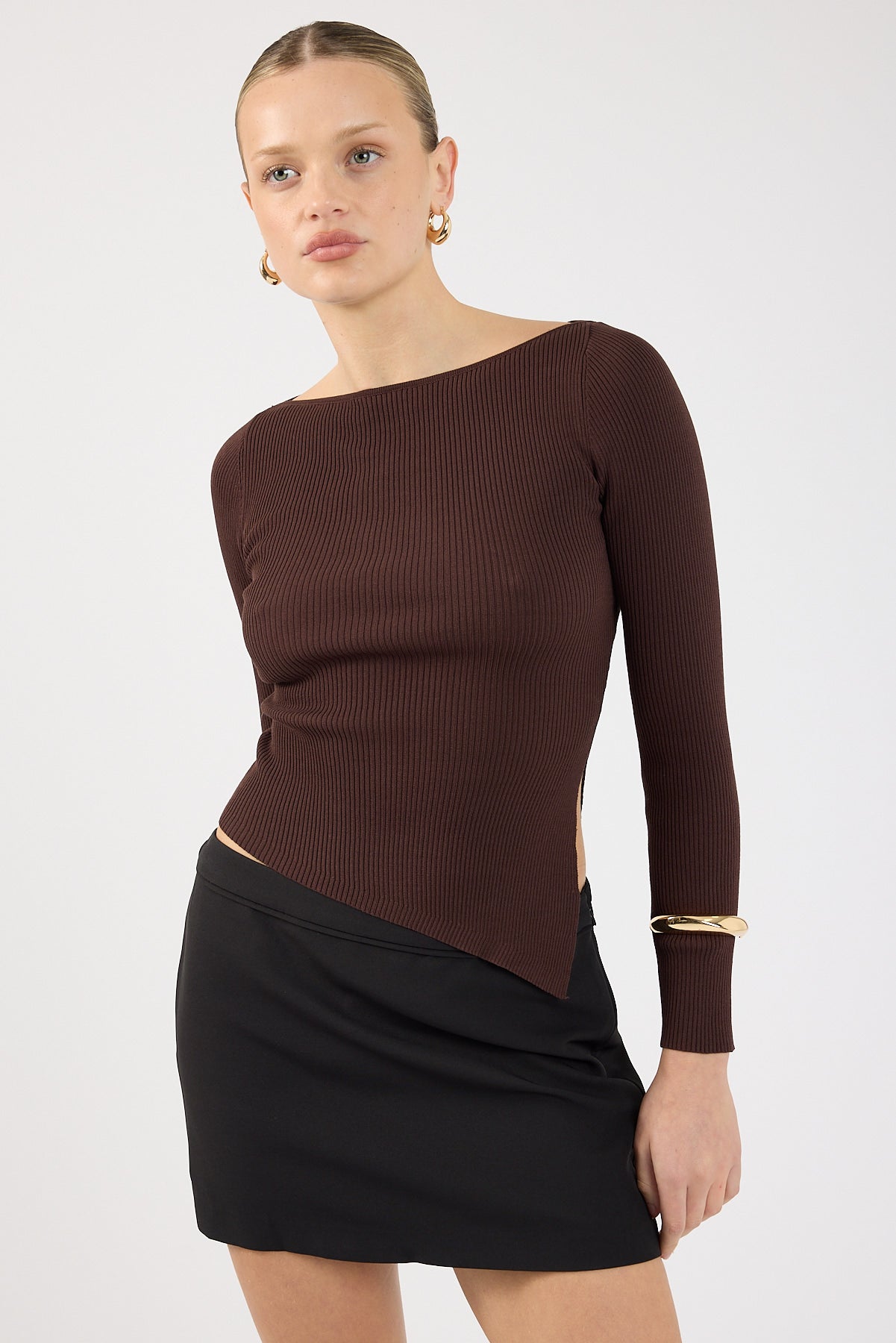 Perfect Stranger Long Sleeve Asymmetrical Rib Knit Top Brown