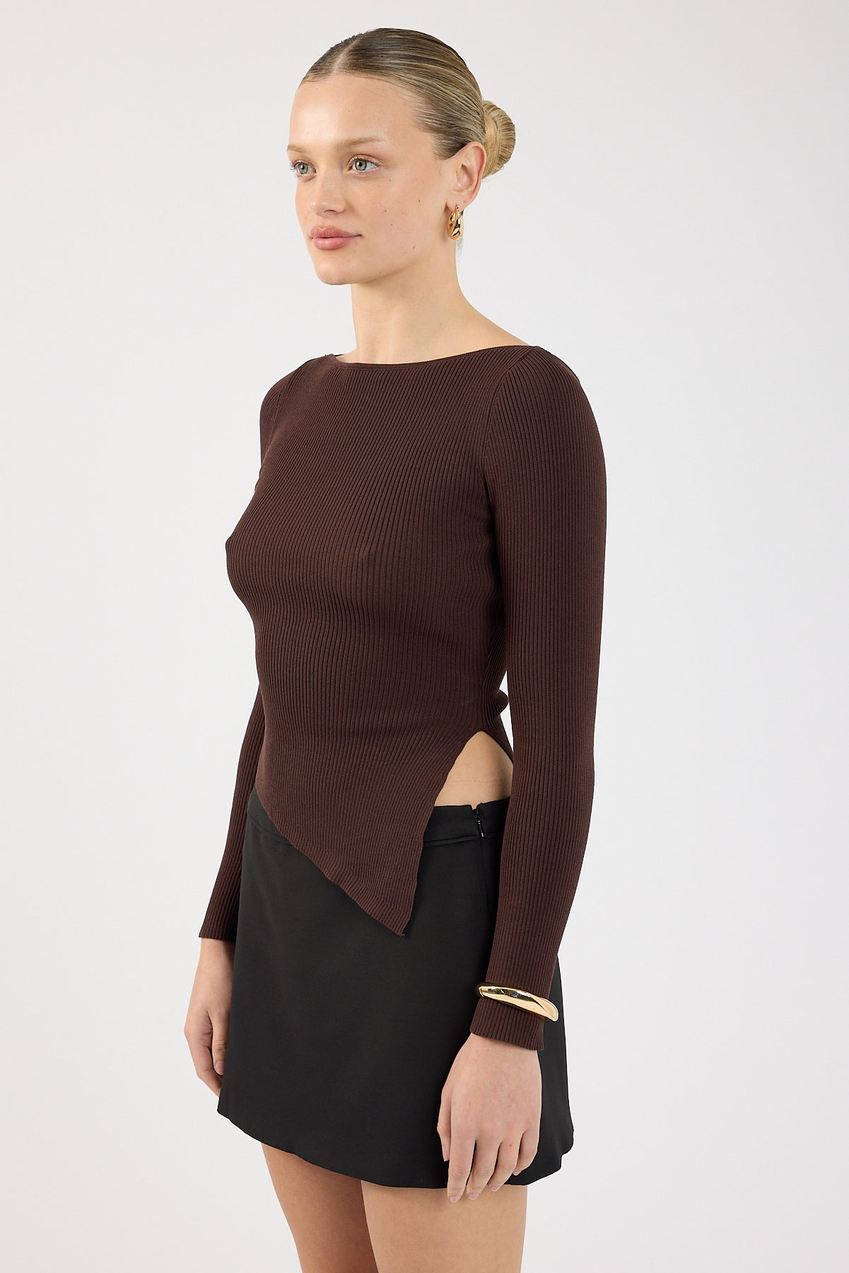 Perfect Stranger Long Sleeve Asymmetrical Rib Knit Top Brown