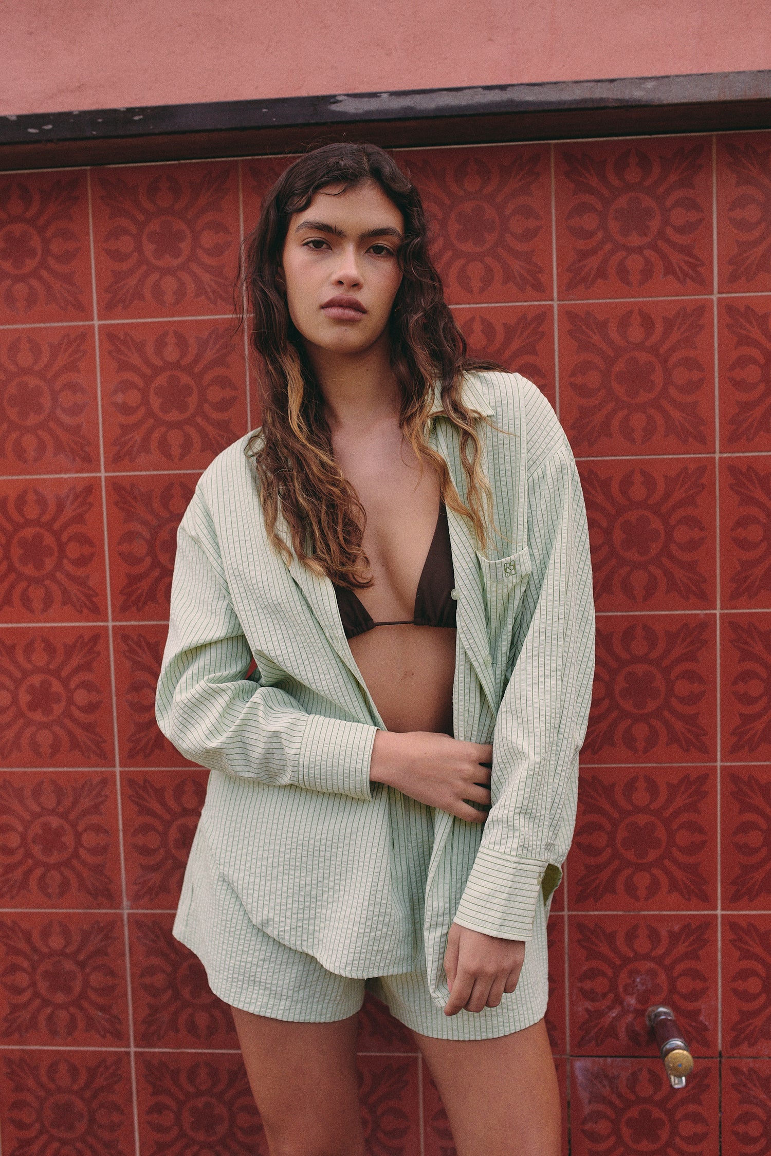 Perfect Stranger Halsey Striped Oversized Shirt Green Stripe