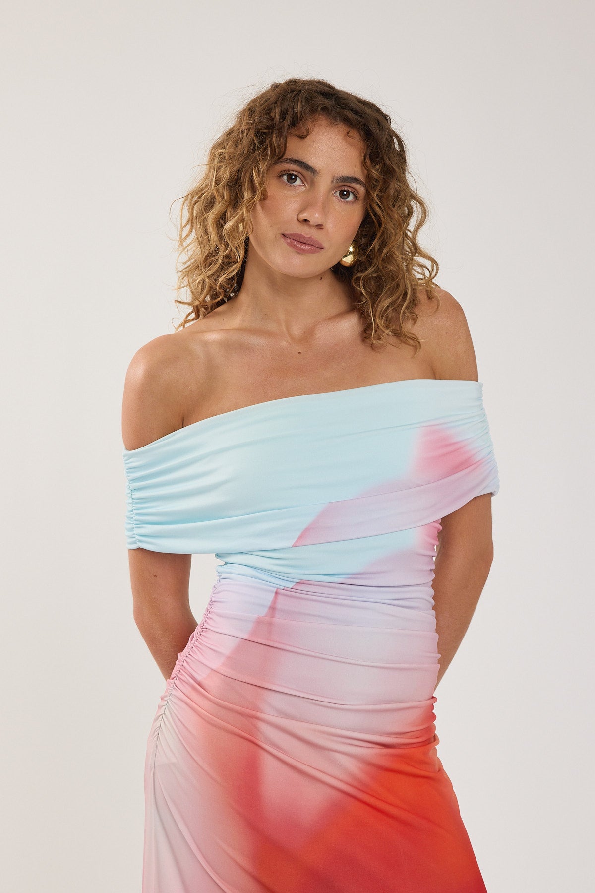 Perfect Stranger Yasmin Off Shoulder Maxi Dress Red Print