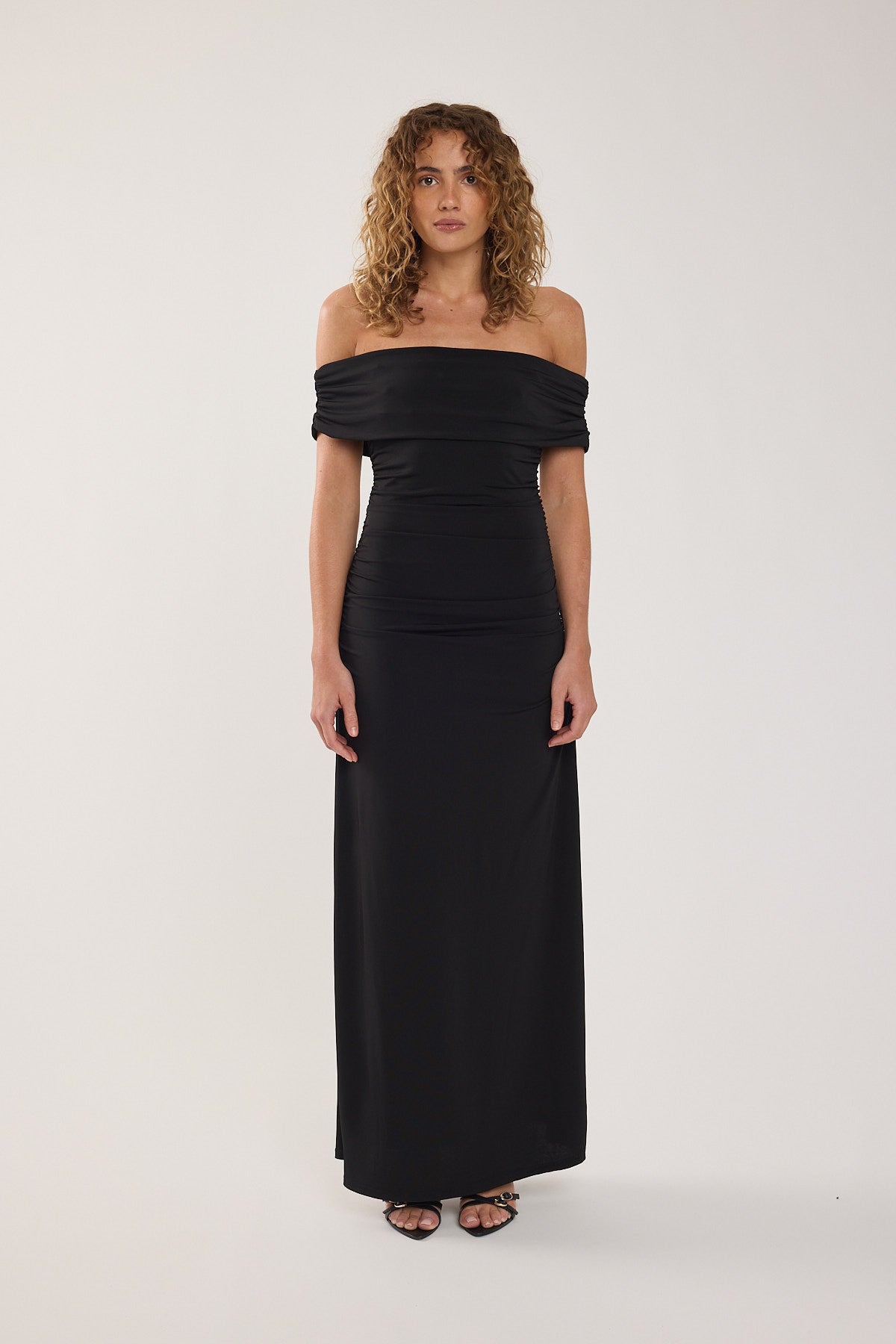 Perfect Stranger Rosetta Off Shoulder Maxi Dress Black