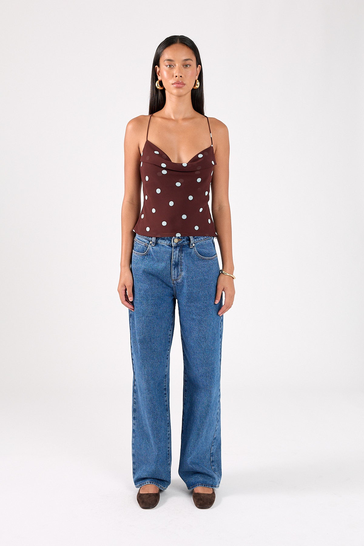 Perfect Stranger Naya Polka Tie Back Top Blue/Brown Polka
