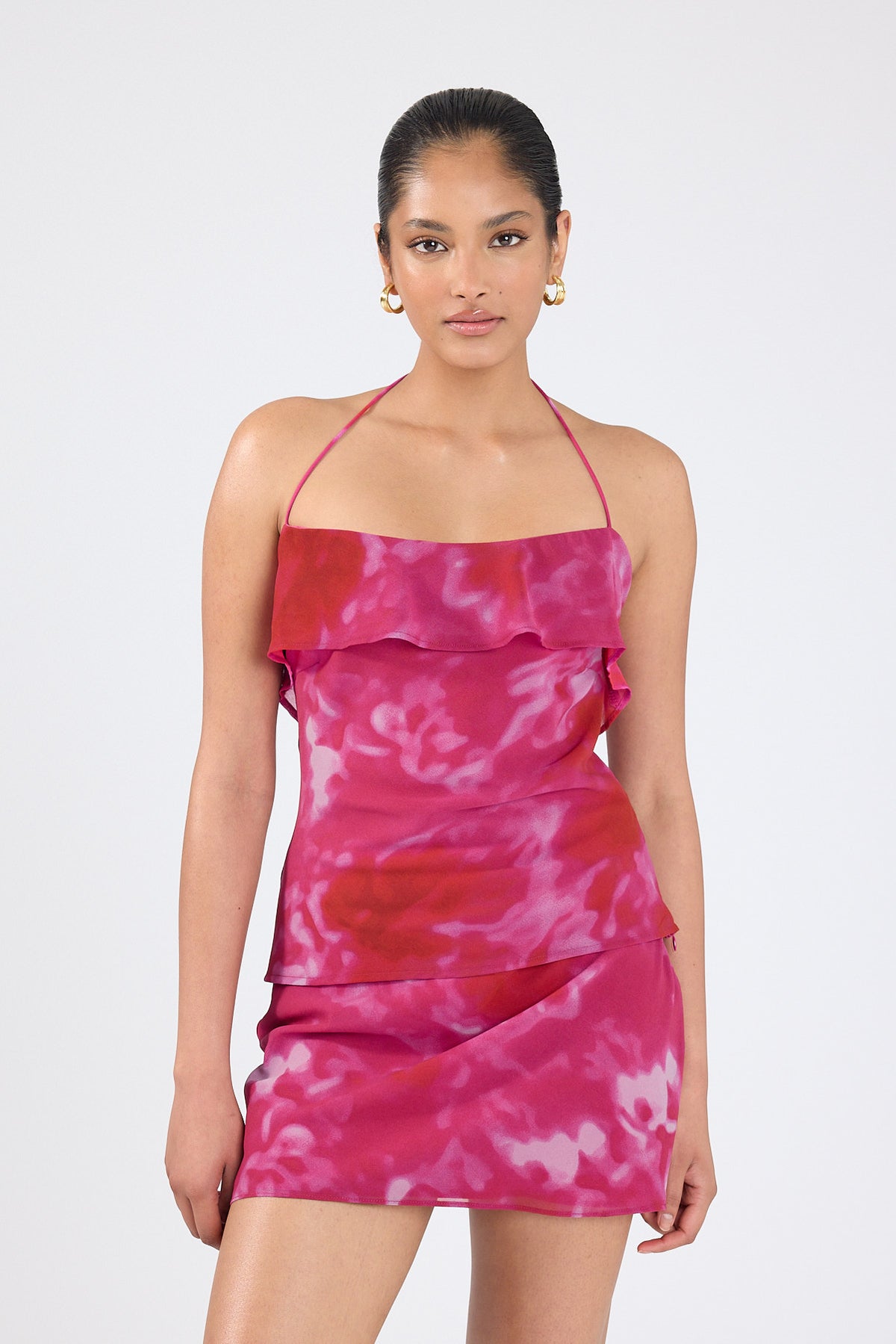 Perfect Stranger Cerise Mid Rise Mini Skirt Pink Print