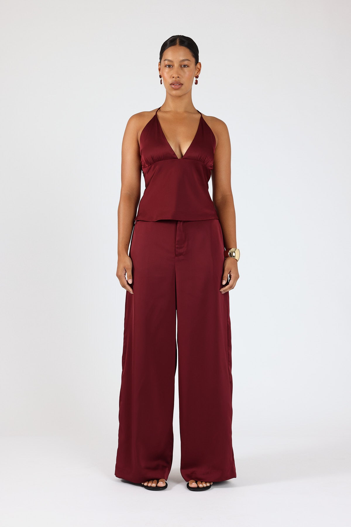 Perfect Stranger Ellie Satin Mid Rise Tailored Pants Burgundy
