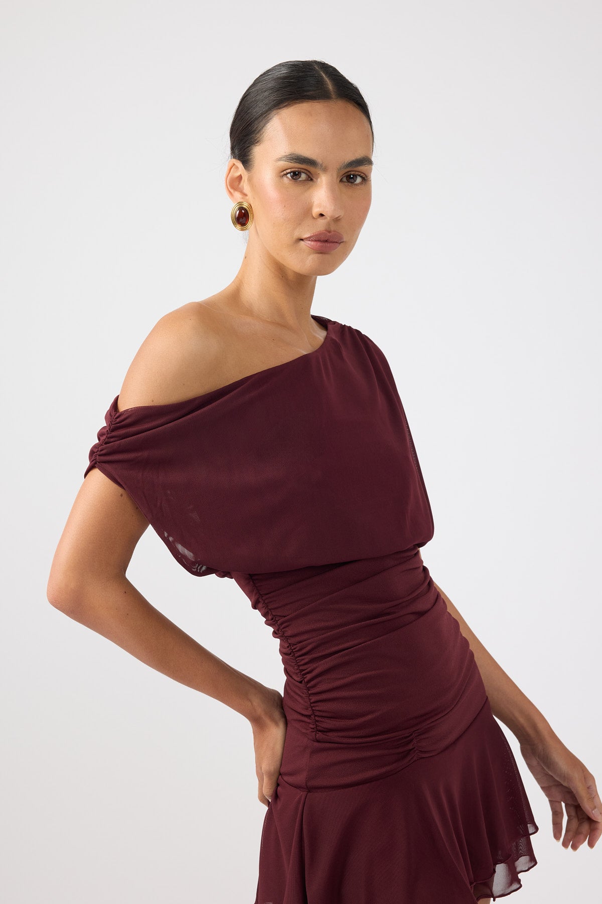 Perfect Stranger Vionne Mesh Off Shoulder Top Plum