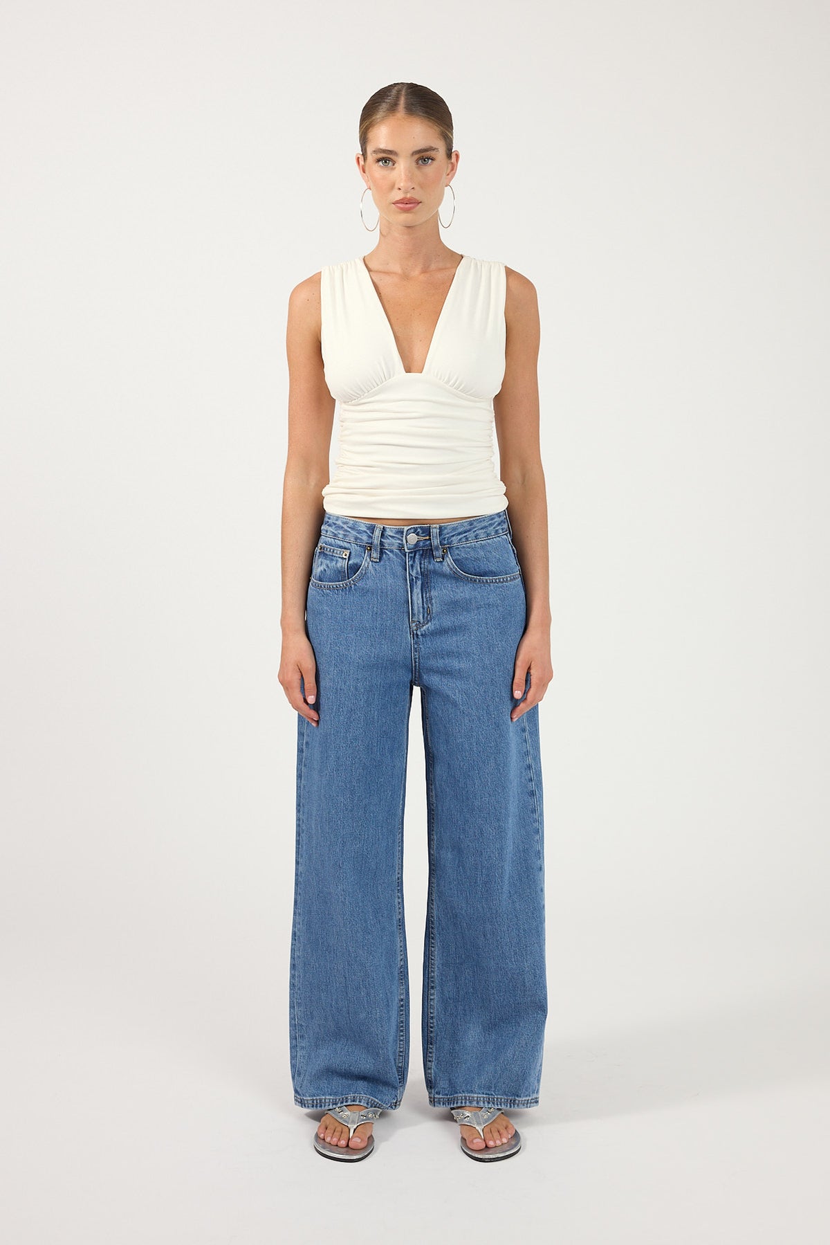 Perfect Stranger Petite Mid Rise Baggy Jean Mid Blue Denim